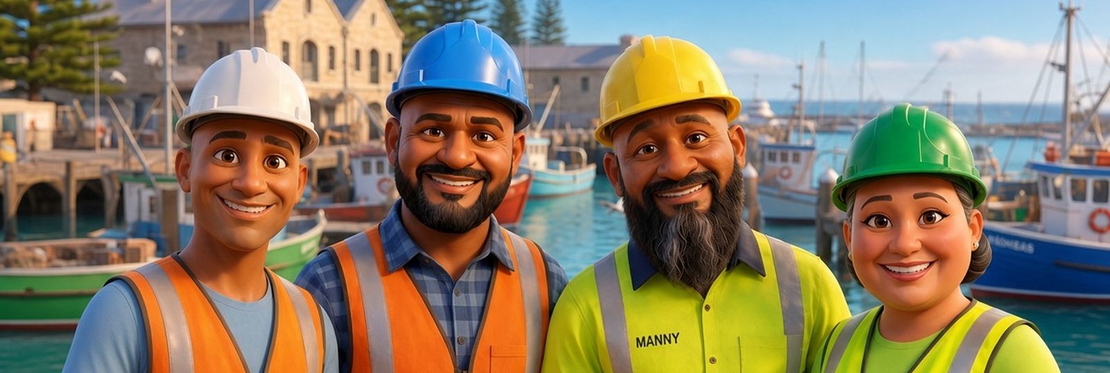 The Hard Hat Yarns crew, Gelo, Rocco, Manny and Ally, at Fremantle harbour